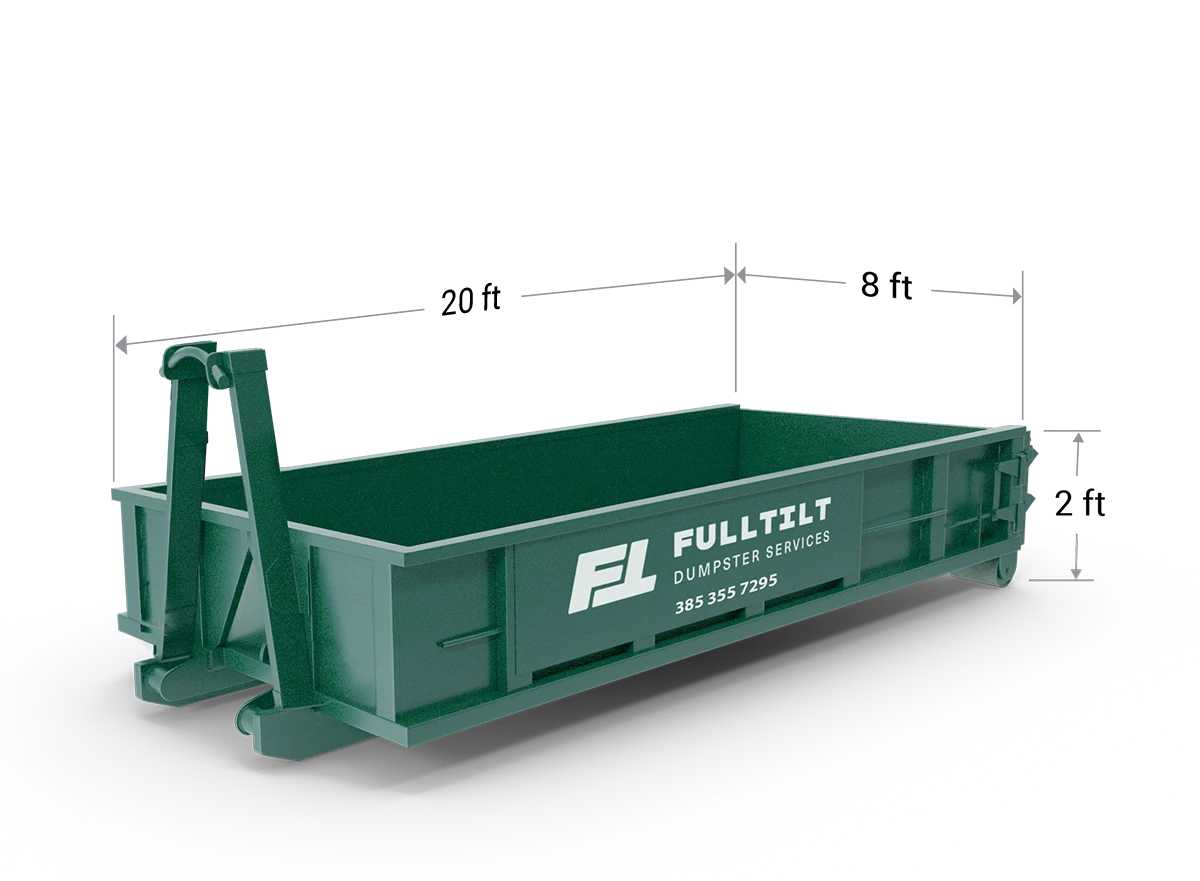 Full Tilt 10-yard heavy-material rock box with published dimension labels