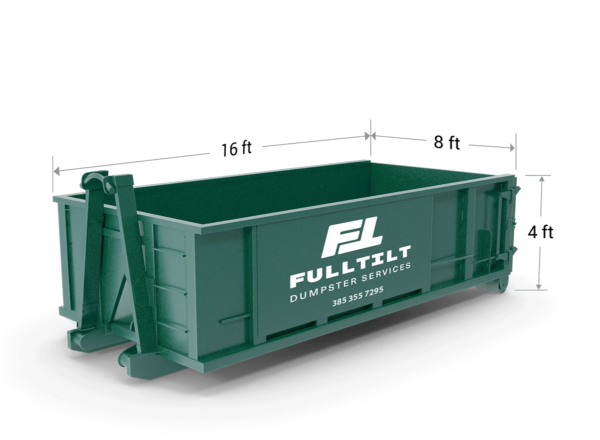 Full Tilt 15-yard roll-off dumpster with published dimension labels
