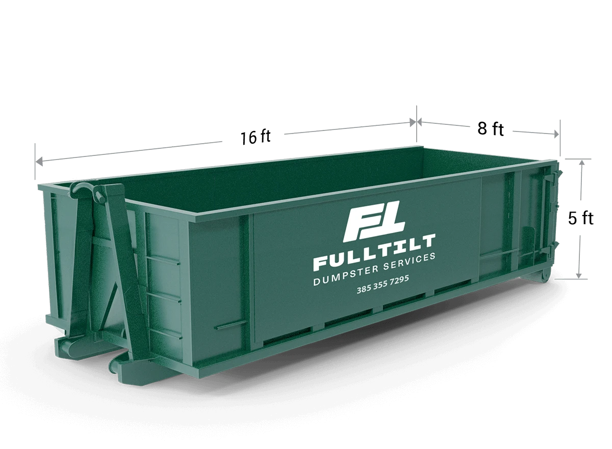 Full Tilt 20-yard roll-off dumpster with published dimension labels