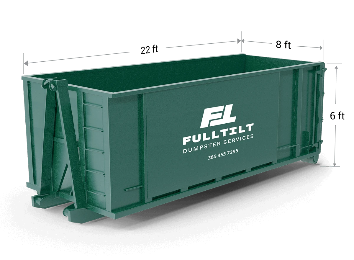 Full Tilt 30-yard roll-off dumpster with published dimension labels